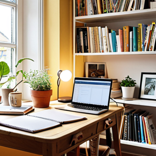 Home 19 **
A cozy, organized workspace in a bright Swedish home. Sunlight streams in through a window. A person is studying with a laptop, notepad, and a cup of coffee. Headphones are on the desk. Bookshelves are filled with various topics, some in Swedish, some in English. A potted plant adds a touch of nature. The overall atmosphere is calm, focused, and inviting.
**