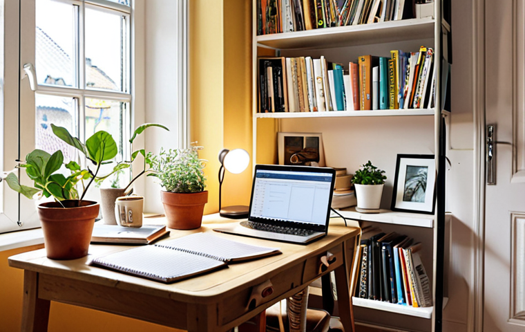**
A cozy, organized workspace in a bright Swedish home. Sunlight streams in through a window. A person is studying with a laptop, notepad, and a cup of coffee. Headphones are on the desk. Bookshelves are filled with various topics, some in Swedish, some in English. A potted plant adds a touch of nature. The overall atmosphere is calm, focused, and inviting.
**
