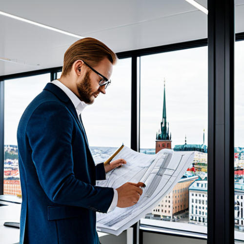 Home 8 **
"A professional architect, fully clothed in a stylish but modest outfit, examining blueprints in a bright, modern architectural office in Stockholm, Sweden. Large windows overlook the city skyline. Safe for work, appropriate attire, perfect anatomy, well-formed hands, natural pose, high-resolution, professional."
**